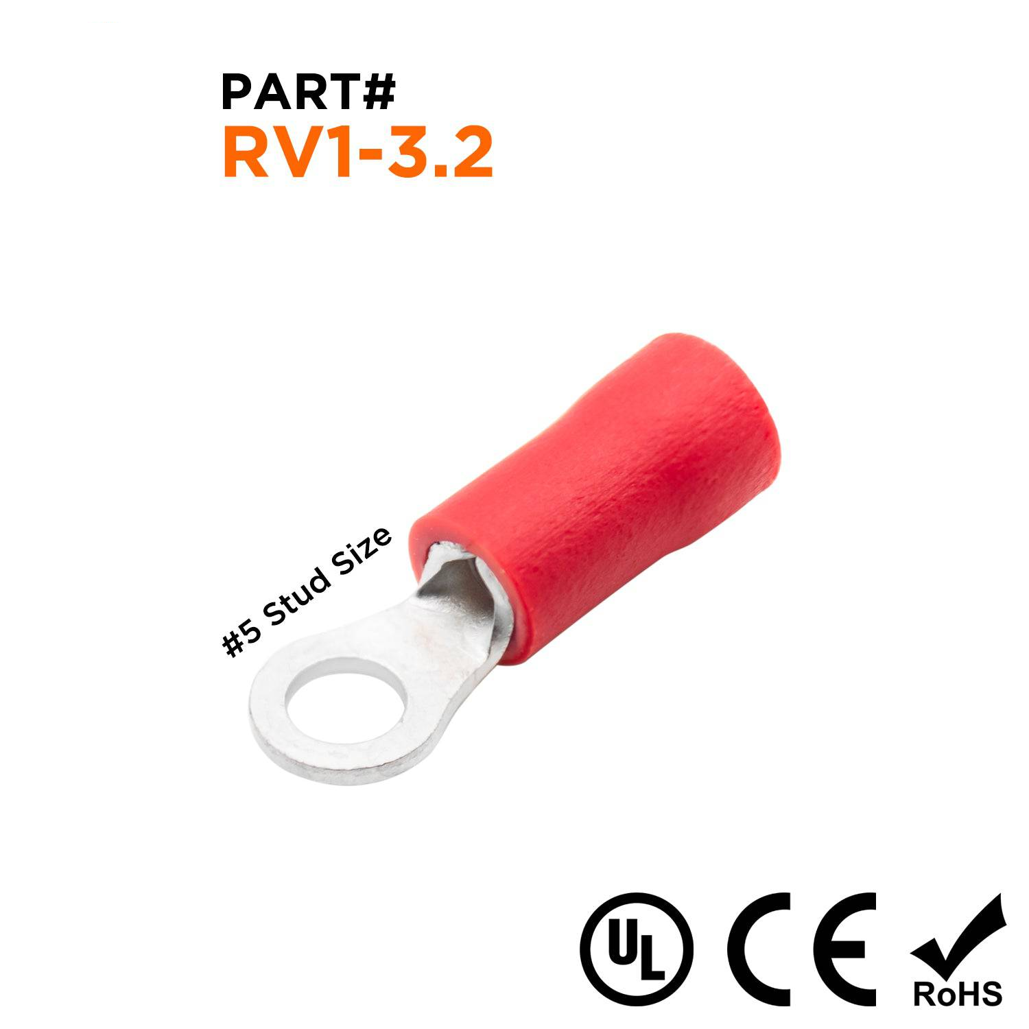 22-16 AWG PVC Vinyl Insulated Ring Terminals, #4 Stud, Butted Seam, 100 Pieces - RV1-32