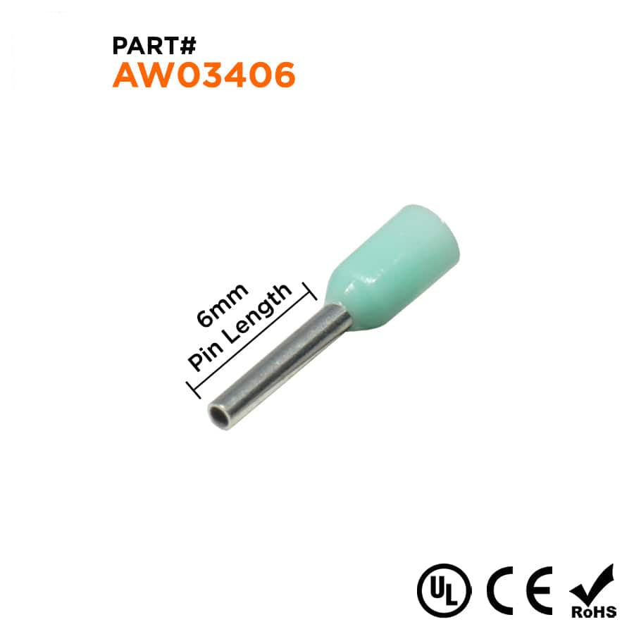 AW03406 - 22 & 24 AWG Insulated Punteras, 6mm Pin, Turquoise, UL Recognized, 500 piezas