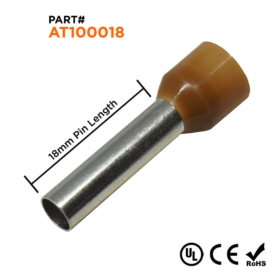 AT100018 - 8 AWG Insulated Punteras, 18mm Pin, Marrón, UL Recognized, 100 piezas