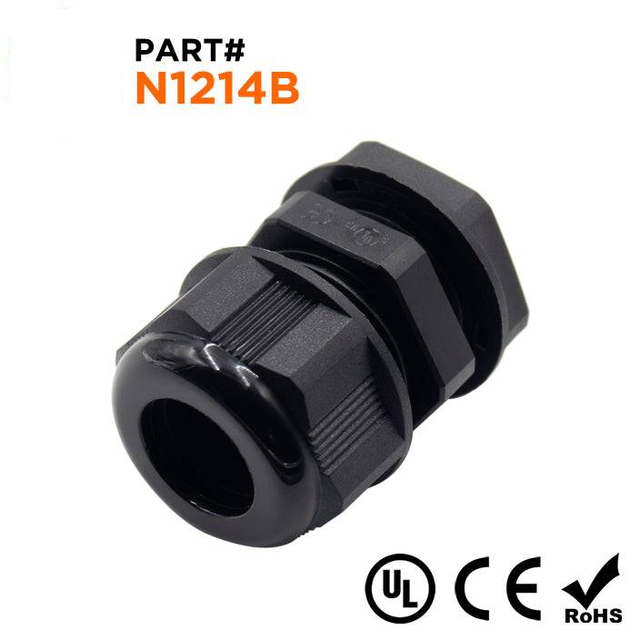 N1214B - 1/2" NPT Thread Nylon Cable Gland, Black, Range: 3/8" to 9/16", UL Listed, IP68, IP69K - 1 Piece