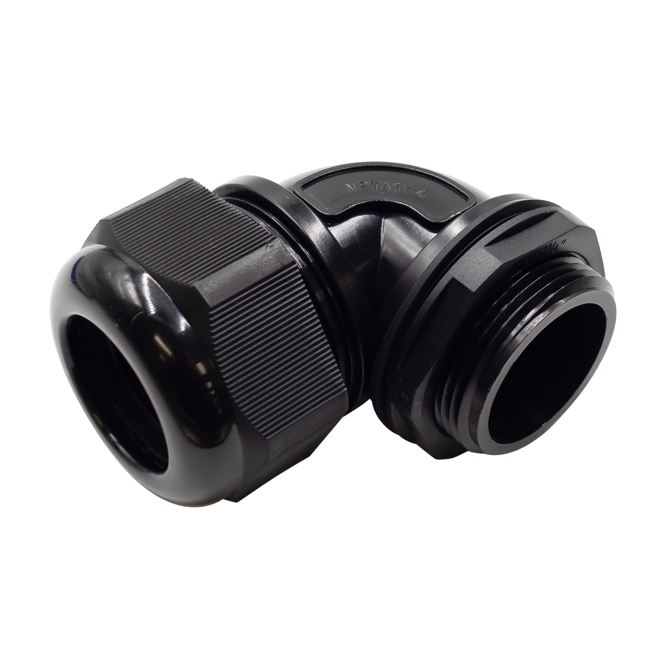NPTA114 - 1-1/4" NPT Thread Nylon Cable Gland, Black, Right Angle, IP68, Range: 22-29mm, 1 Piece