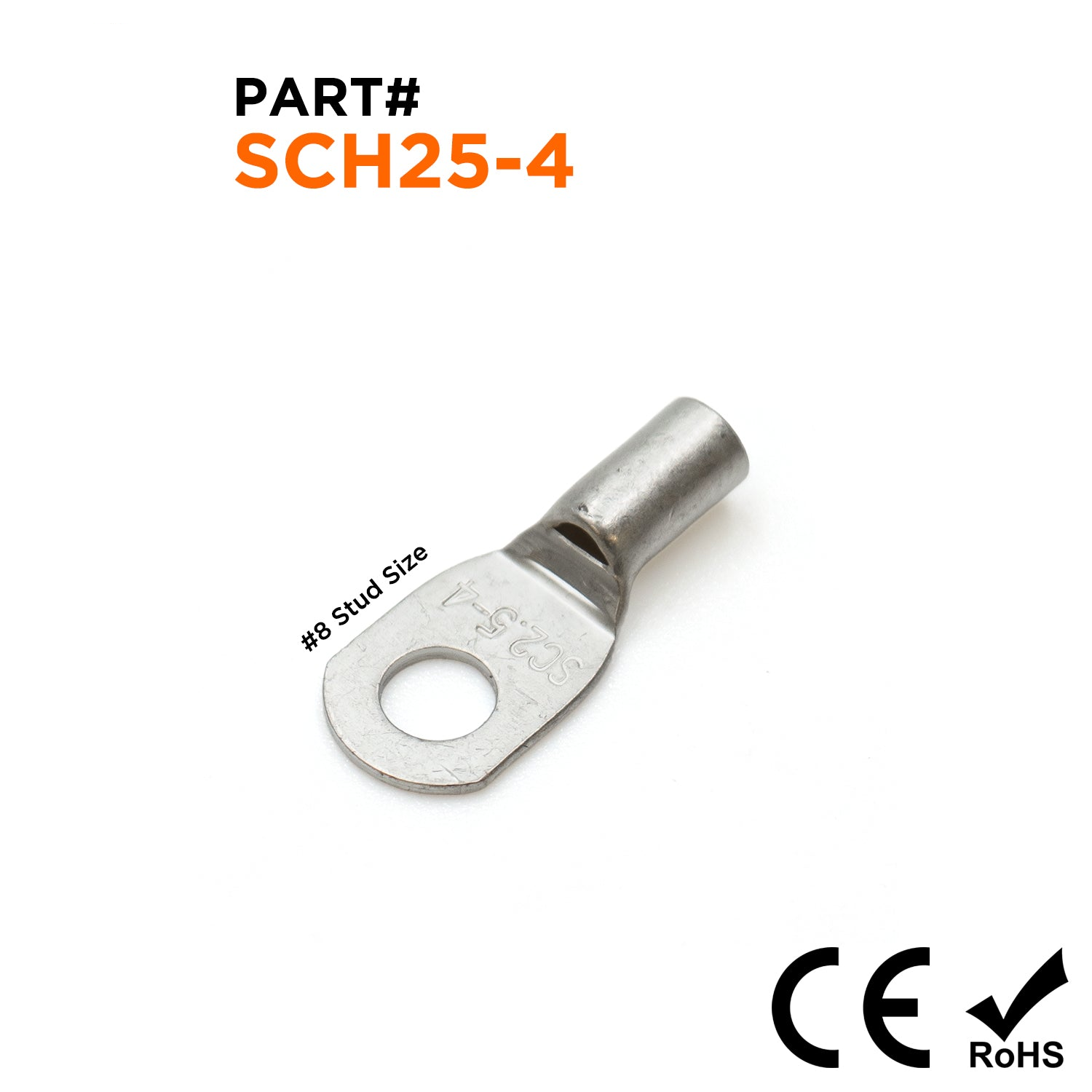 SCH25-4 - 14 AWG Sin aislamiento Tubular Ring Lugs, #8 Orificio, 100 piezas