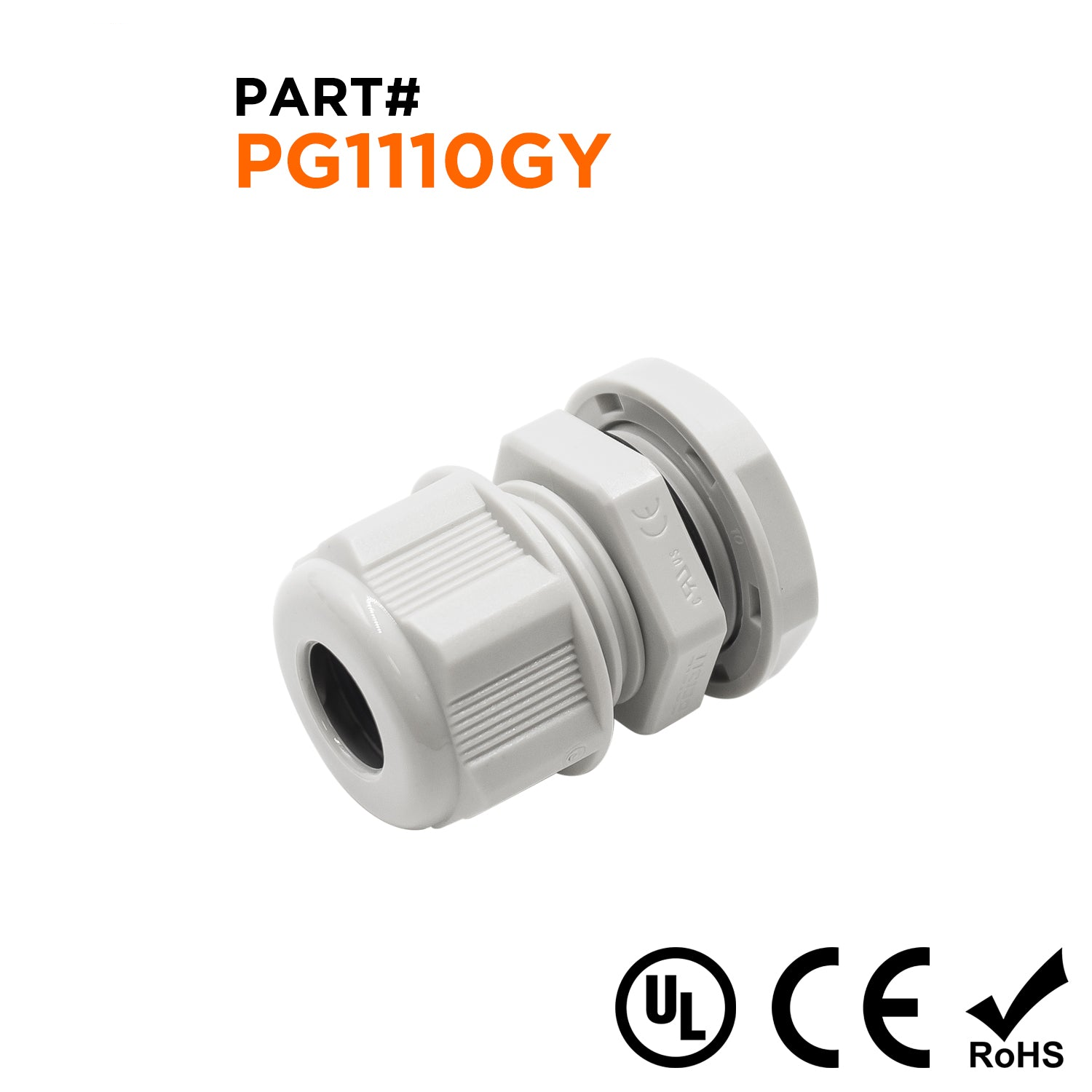 P1110GY - PG11 Thread Nylon Cable Gland, Gray, Range: 3/16" to 3/8", UL Listed, IP68, IP69K - 1 Piece