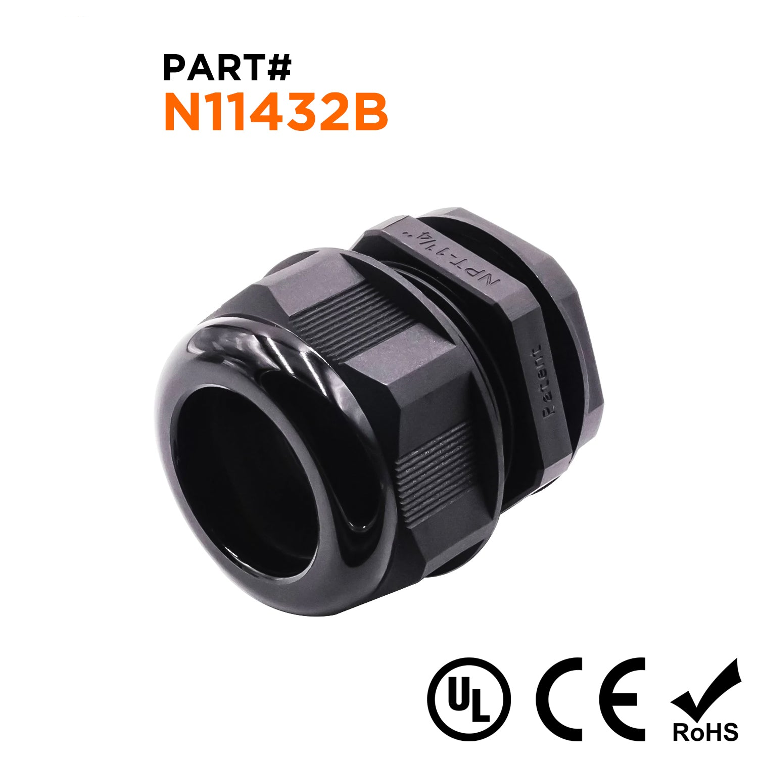 N11432B - 1 1/4" NPT Rosca De nailon Prensaestopas, Negro, Rango: 7/8" a 1-1/4", UL Listed, IP68, IP69K - 1 pieza