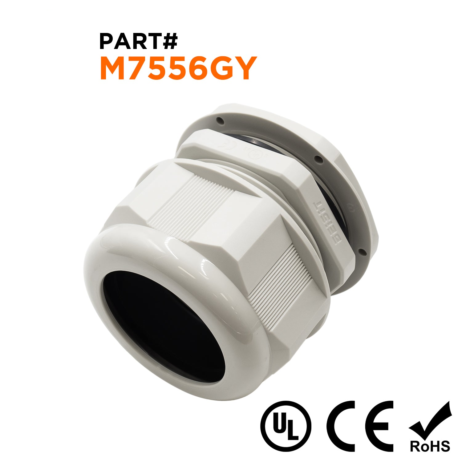 M7556GY - M75 x 2mm Metric Rosca De nailon Prensaestopas, Gris, Rango: 1-7/8" a 2-3/16", UL Recognized, IP68, 1 pieza