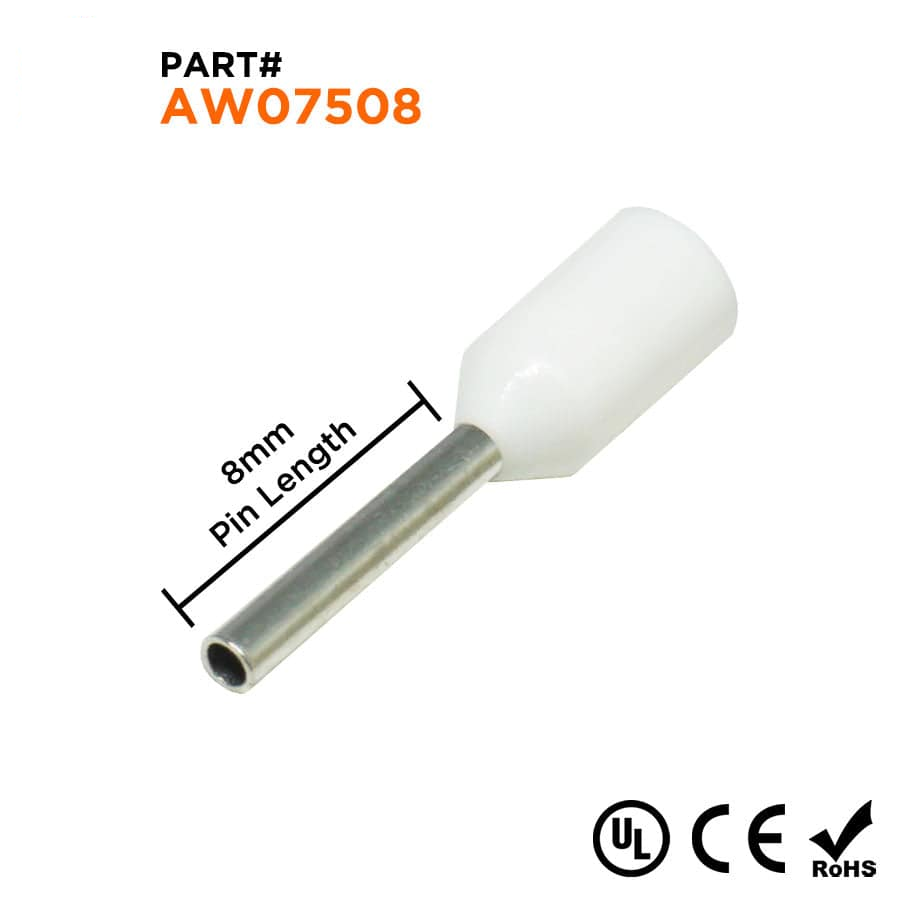 AW07508 - 20 & 18 AWG Insulated Punteras, 8mm Pin, Blanco, UL Recognized, 500 piezas