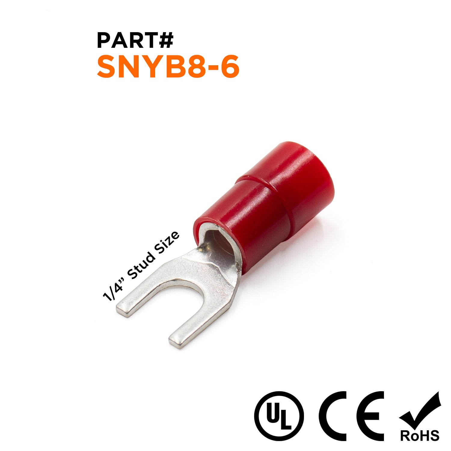SNYB8-6 - 8 AWG Con aislamiento de nailon Terminales de horquilla, 1/4" Tamaño del orificio, Rojo, 50 piezas
