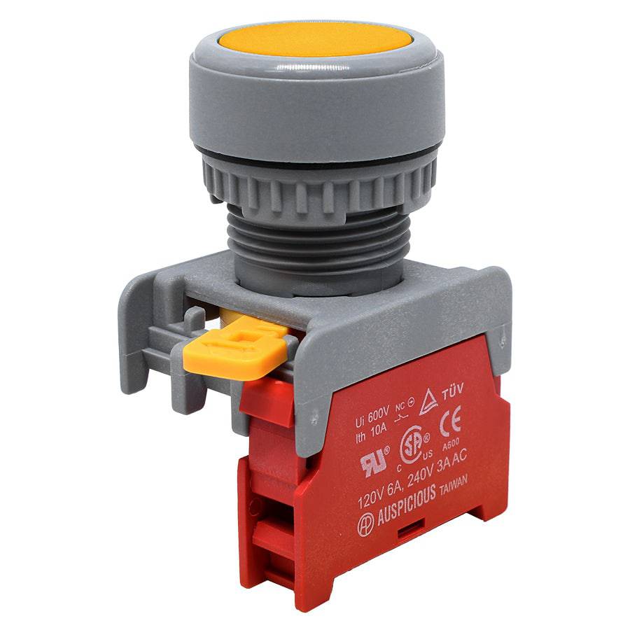 XB22-1/C-YL - 1/C - 22mm Flat Head Push Button Switch - Amarillo