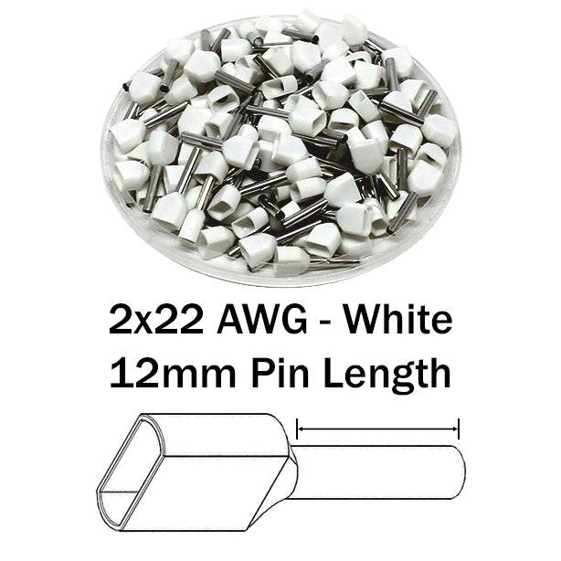 TD05012 - 22 AWG Twin Wire Ferrules, 12mm Pin, White, 500 Pieces