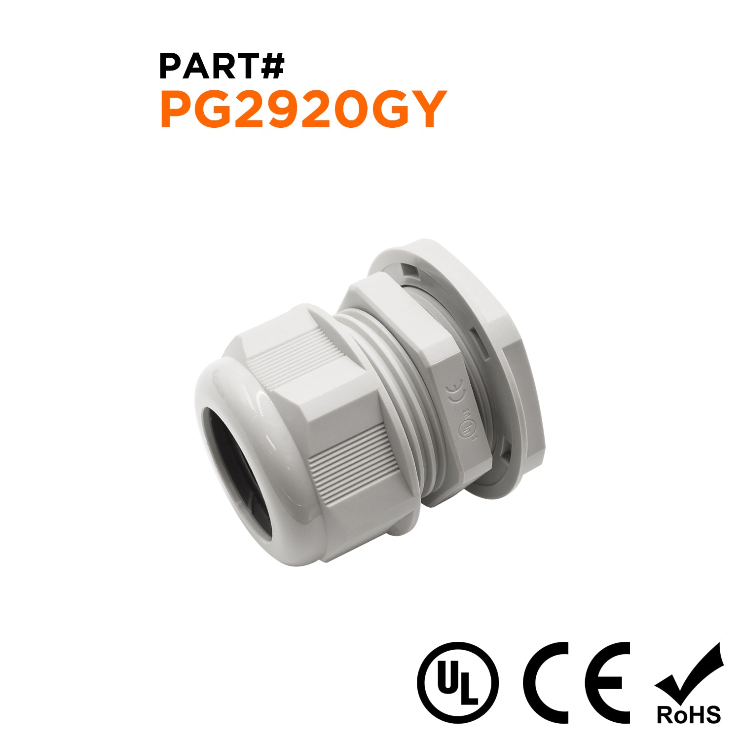 P2920GY - PG29 Thread Nylon Cable Gland, Gray, Range: 1/2" to 13/16", UL Listed, IP68, IP69K - 1 Piece