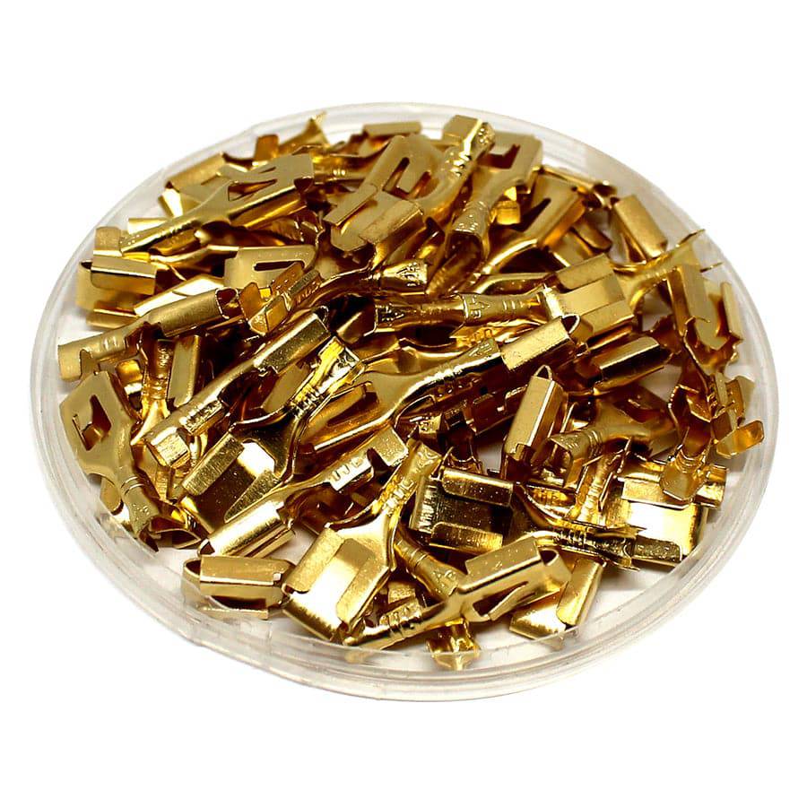 DJ621-B6.3A - 22 to 18 AWG Female Quick Disconnects, Brass, Lock Tab, 100 Pieces