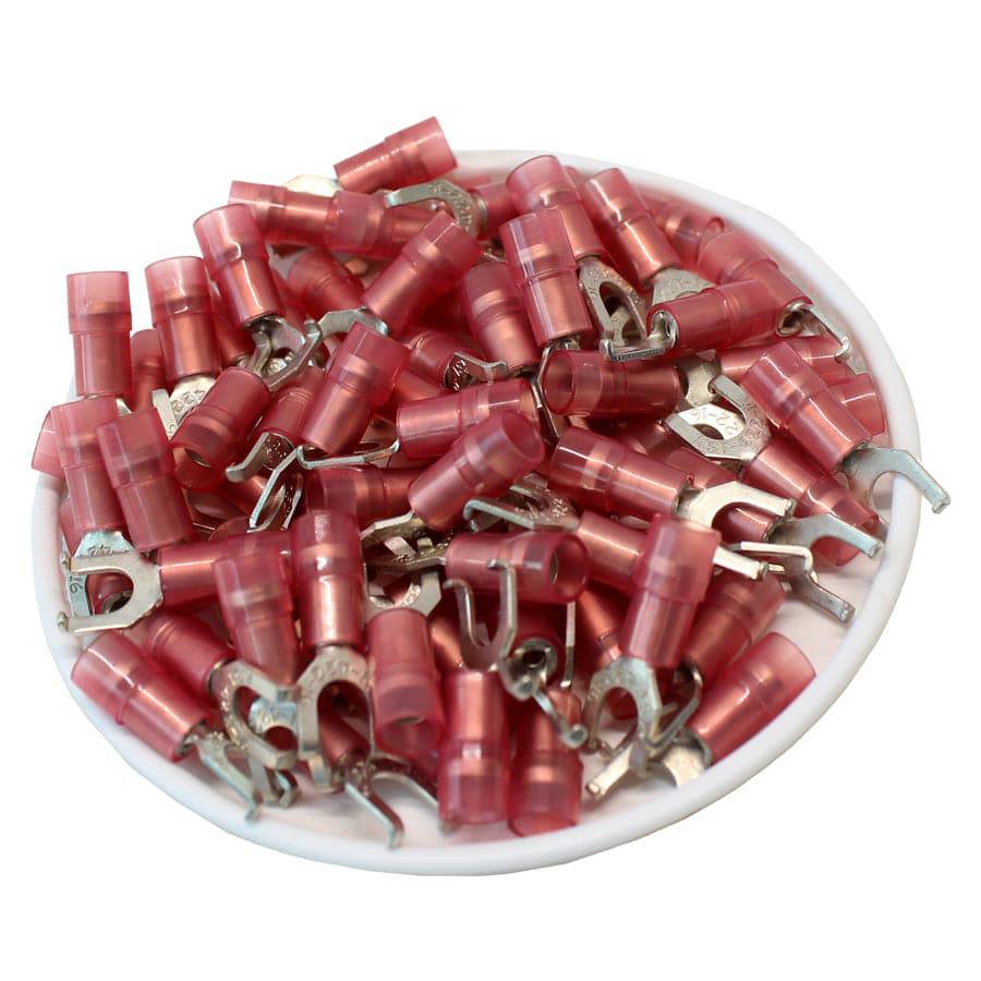 FSNYD1-4 - 22 to 16 AWG Nylon Insulated Flange Spade Terminals, #8 Stud, Double Crimp, 100 Pieces