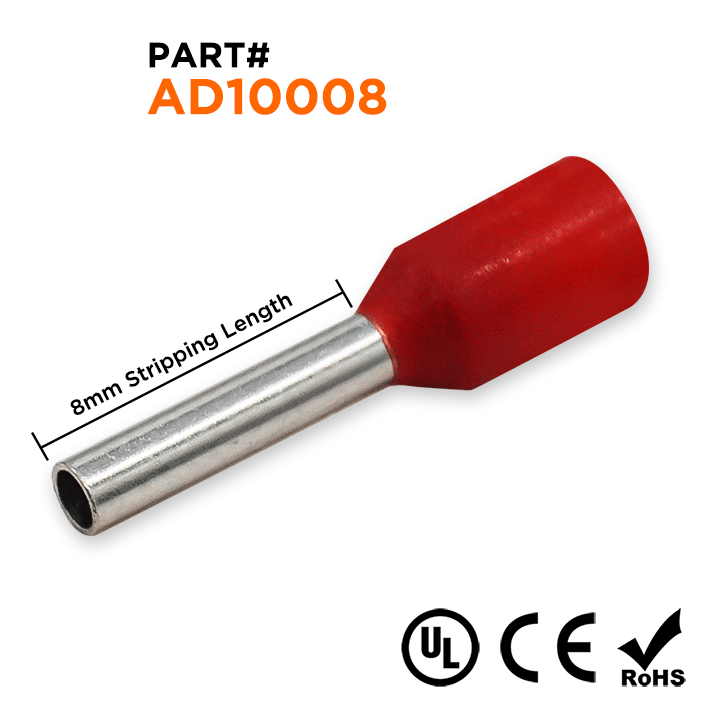 AD10008 - 18 & 17 AWG Insulated Punteras, 8mm Pin, Rojo, UL Recognized, 500 piezas
