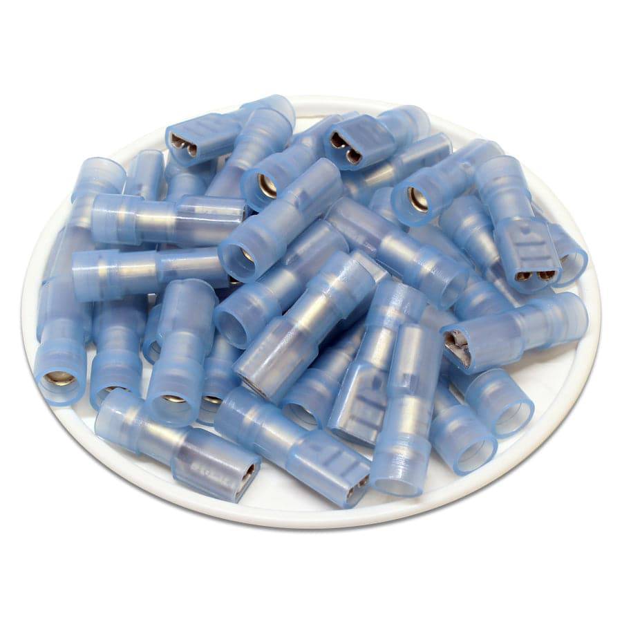 FDFNYD2-187(8) - 16 a 14 AWG Con aislamiento de nailon Terminales de desconexión rápida, Female, Totalmente aislados, Azul, Double Crimp, 100 piezas