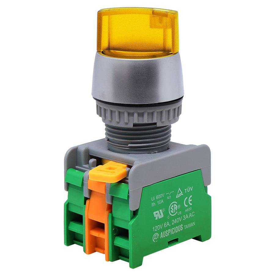 SL223-2/O-24-Y - 24V Illuminated Twist Knob Switch - 2 Contact (2/O) - 3 Positions (1-0-2) - Yellow