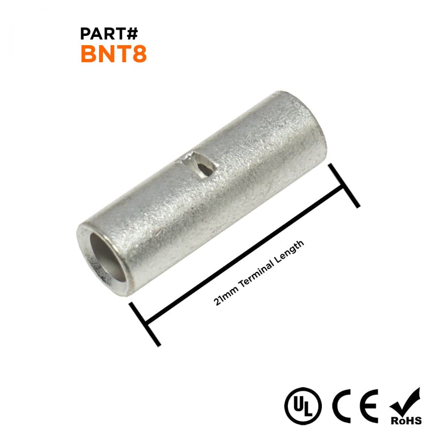 8 AWG Non Insulated Butt Splice Connectors, 13/16" Length, UL Approved, 25 Pieces - BNT8