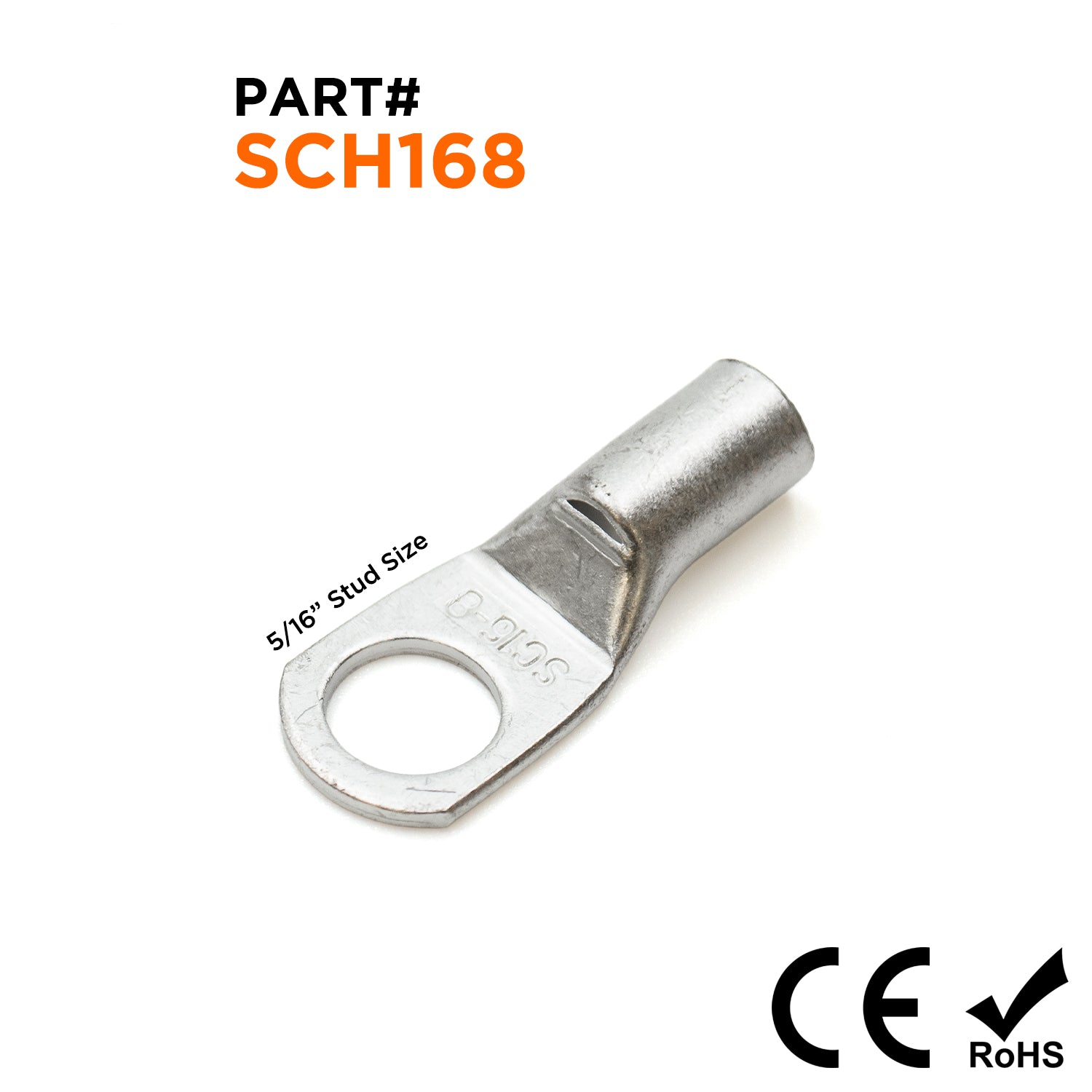 SCH168 - 6 AWG Non Insulated Tubular Ring Lugs, 5/16" Stud, 50 Pieces