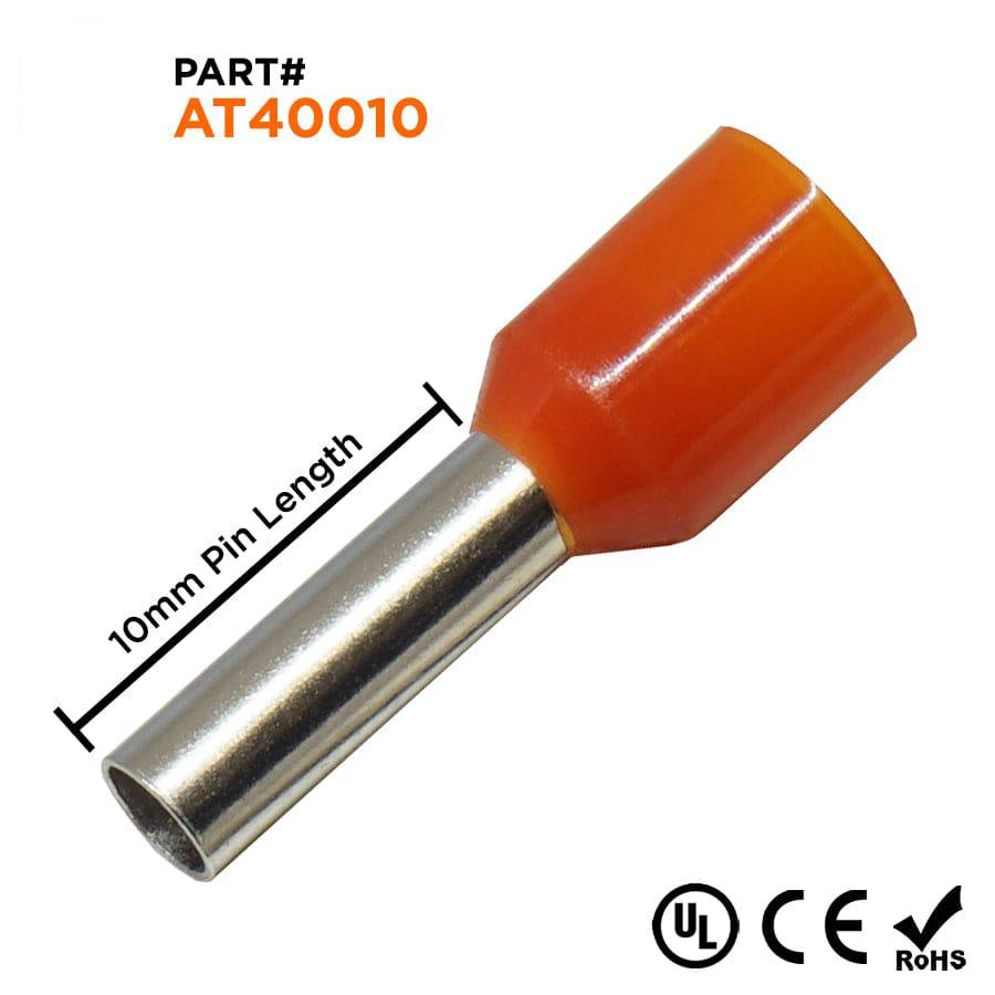AT40010 - 12 AWG Insulated Punteras, 10mm Pin, Naranja, UL Recognized, 500 piezas
