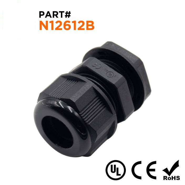 N12612B - 1/2" NPT Thread Nylon Cable Gland, Black, Range: 1/4" to 1/2", UL Listed, IP68, IP69K - 1 Piece