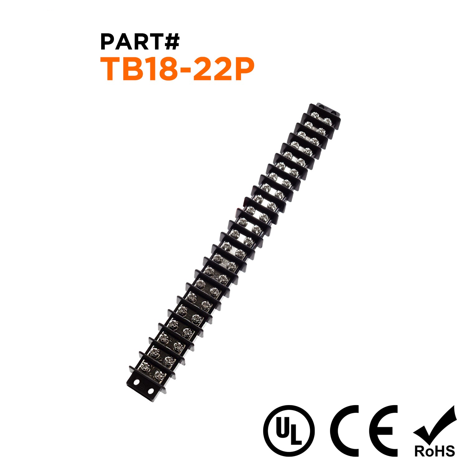 TB18-22P - Barrier Strip Terminal Block, Terminal Strip, 22 Pole, Double Row, 20A, 300V, UL Approved, 1 Piece