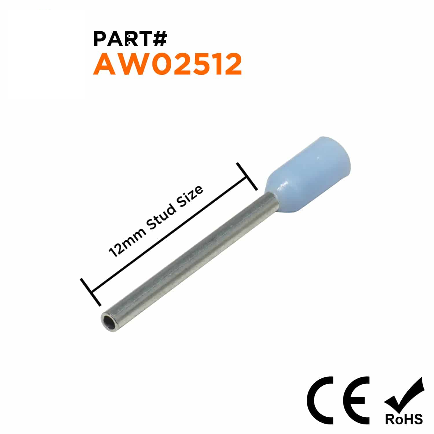 AW02512 - 24 AWG Insulated Punteras, 12mm Pin, Azul claro, 500 piezas