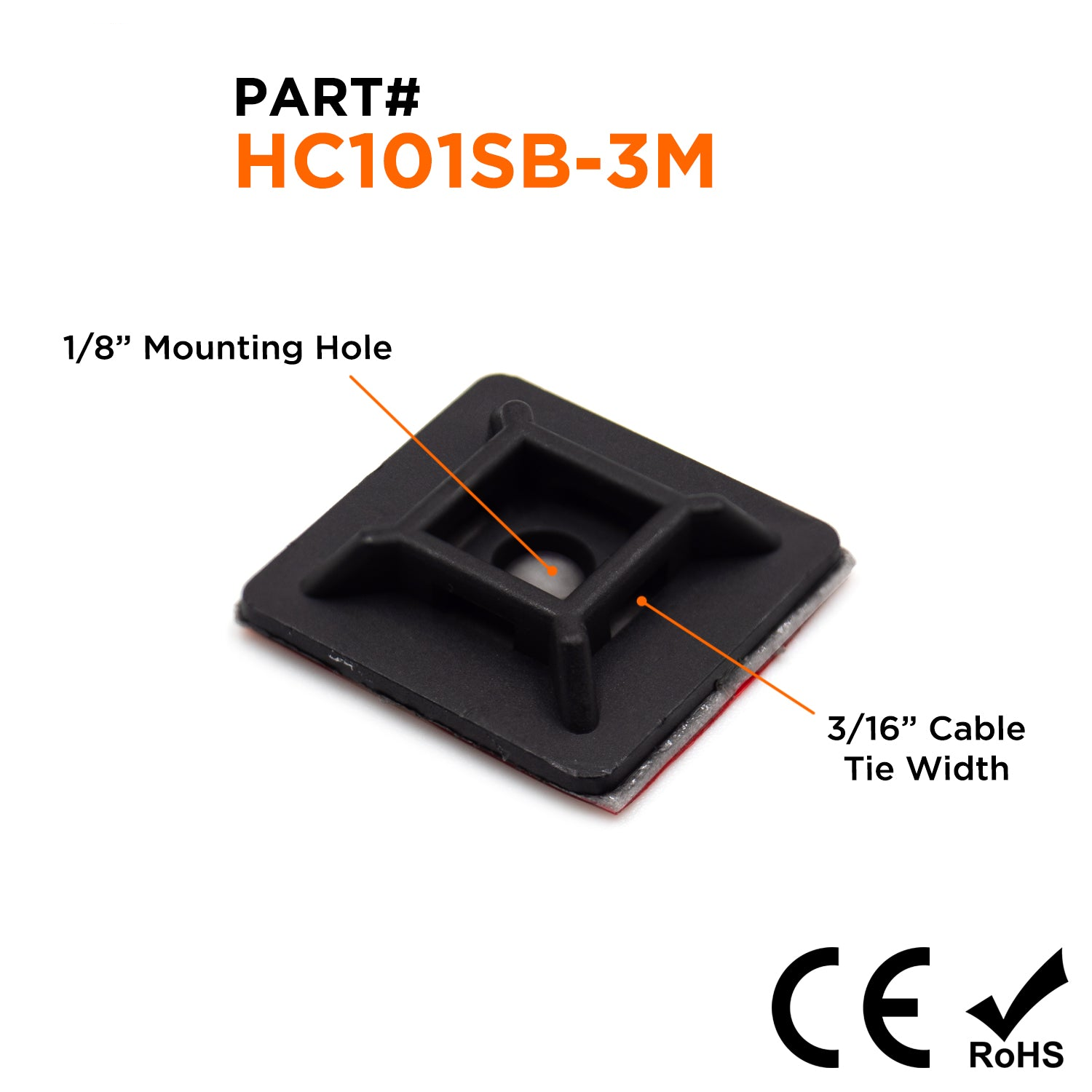 HC101SB-3M - 3/4"LxW Nylon Self-Adhesive Tie Mounts - Cable Tie Width: 3/16", Screw Width: 1/8", Black, 100 Pieces