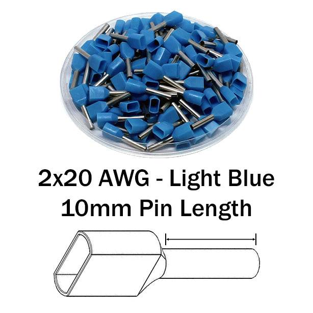 TT07510 - 20 AWG Twin Punteras, 10mm Pin, Azul claro, 500 piezas