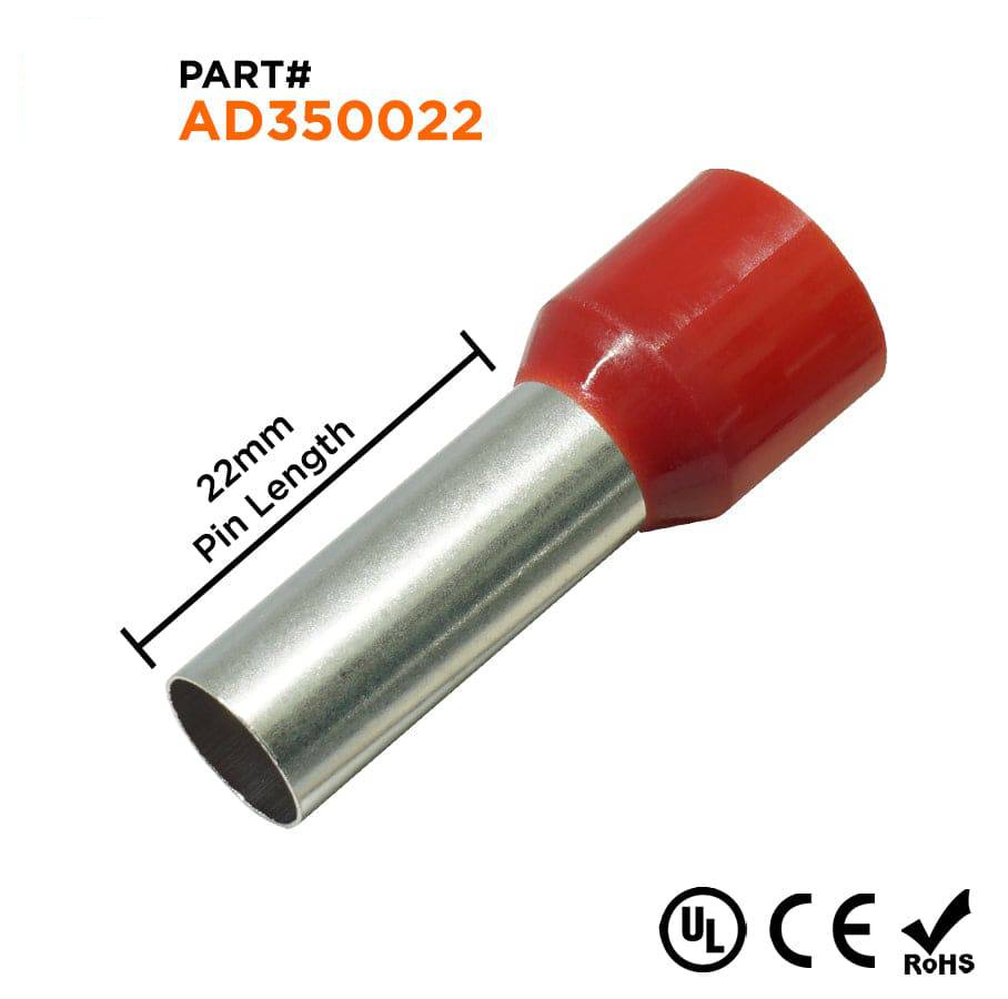 AD350022 - 2 AWG Single Insulated Wire Ferrules, 22mm Pin, Red, UL Recognized, 100 Pieces