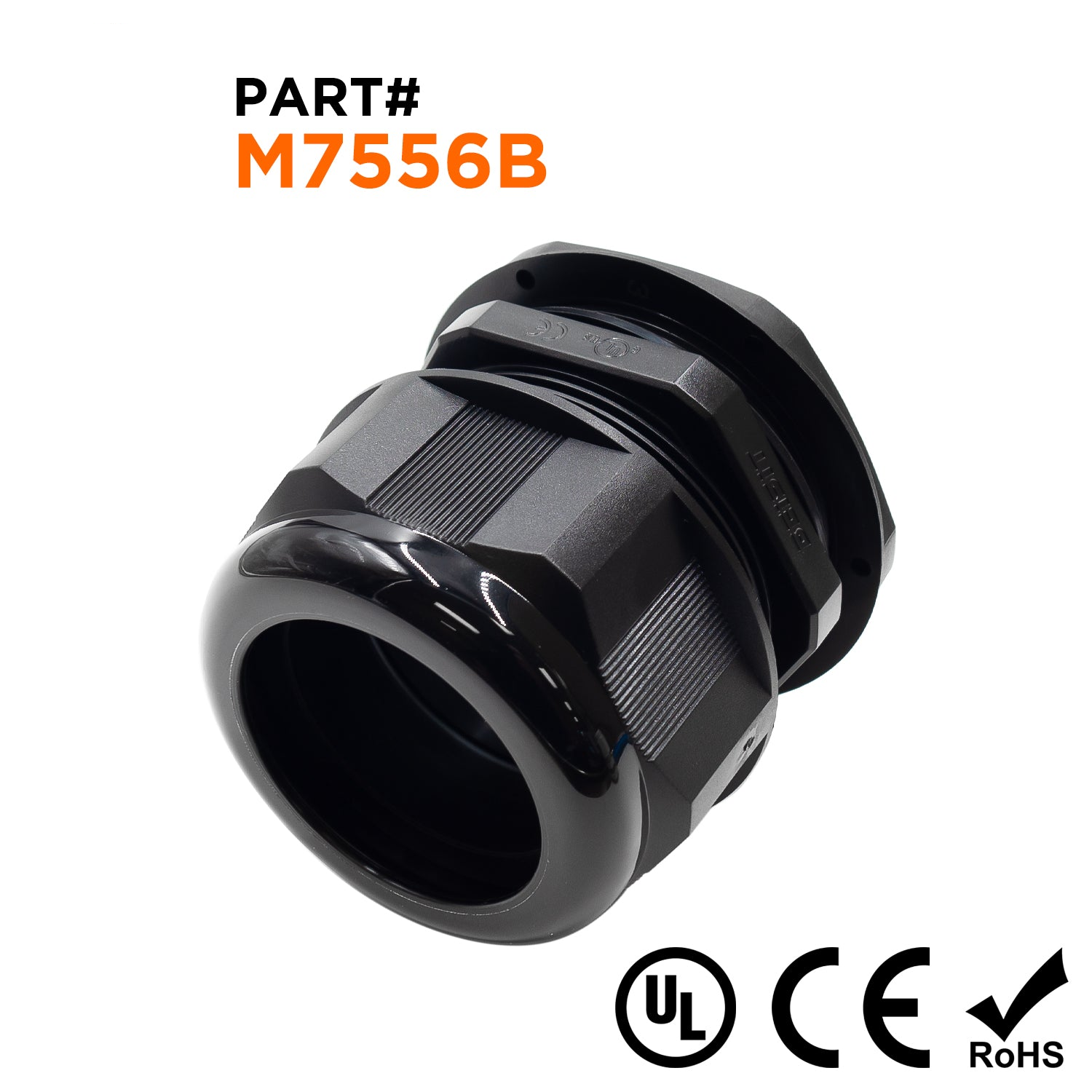 M7556B - M75 x 2mm Metric Thread Nylon Cable Gland, Black, Range: 1-7/8" to 2-3/16", UL Recognized, IP68, 1 Piece