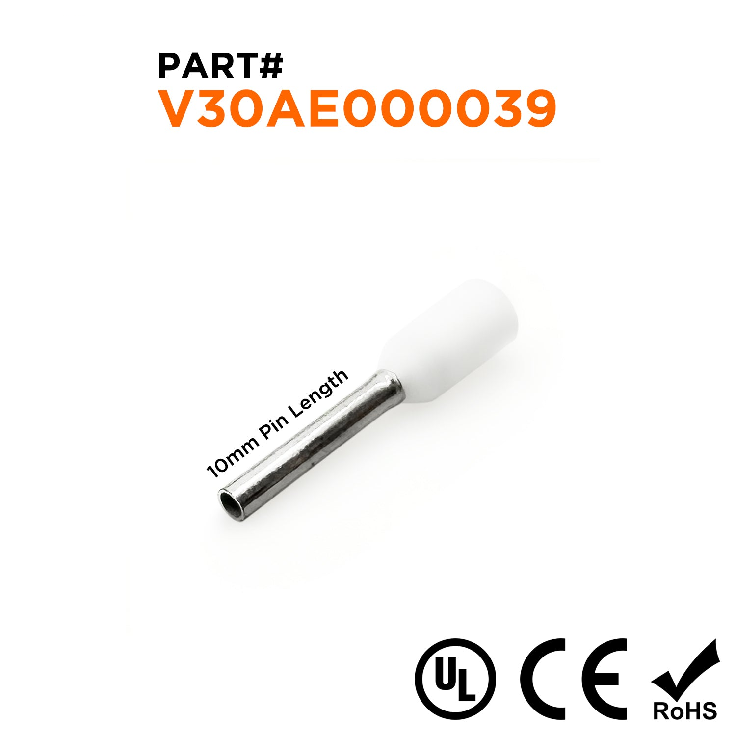 Z+F V30AE000039 - 20 AWG Insulated Punteras, 10mm Pin, Blanco - 500 piezas