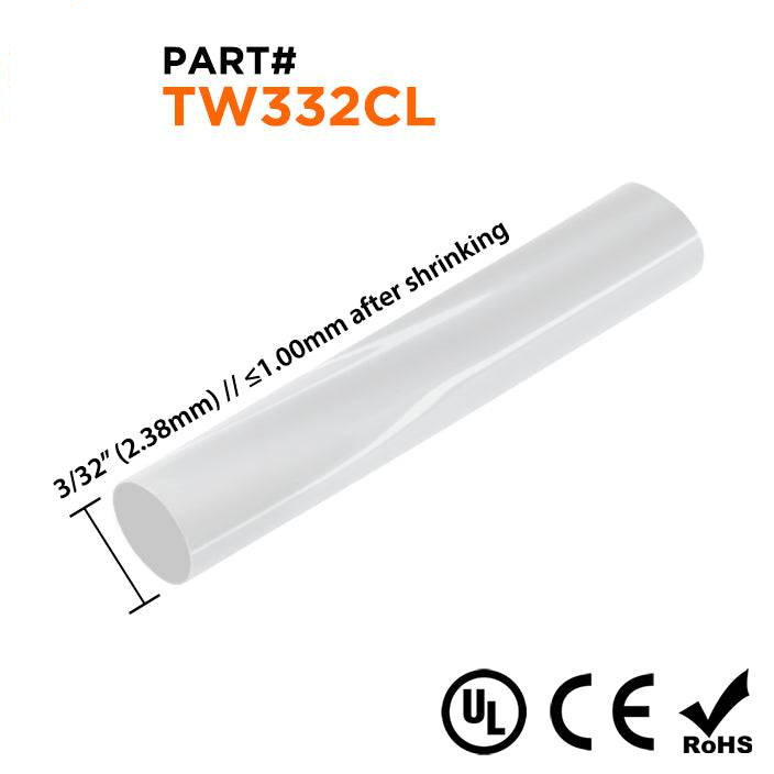 TW332CL - 3/32" De pared fina Tubo termorretráctil, 2:1 Relación de contracción, Transparente, Bobina de 500ft