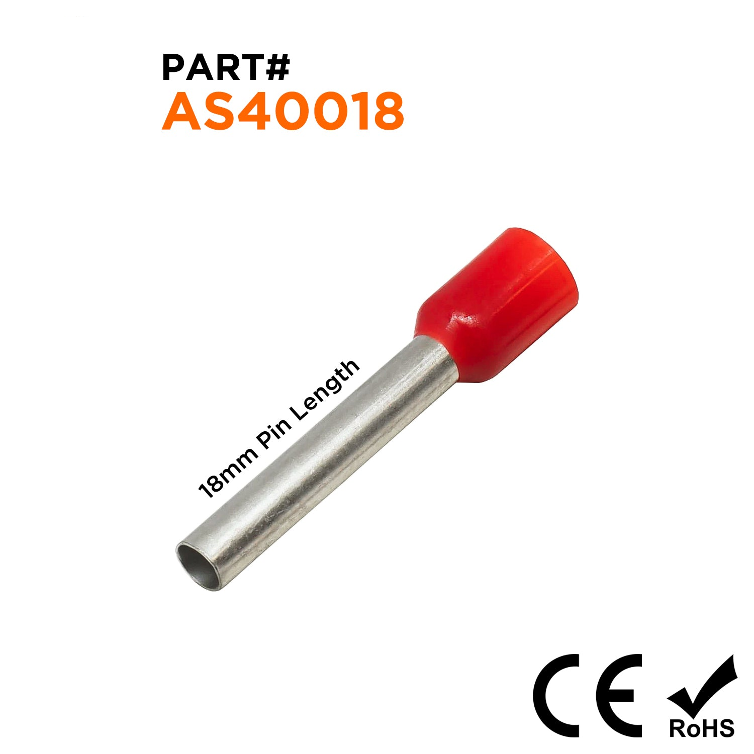 AS40018RD - 12 AWG Insulated Wire Ferrules, 18mm Pin, Red, 500 Pieces