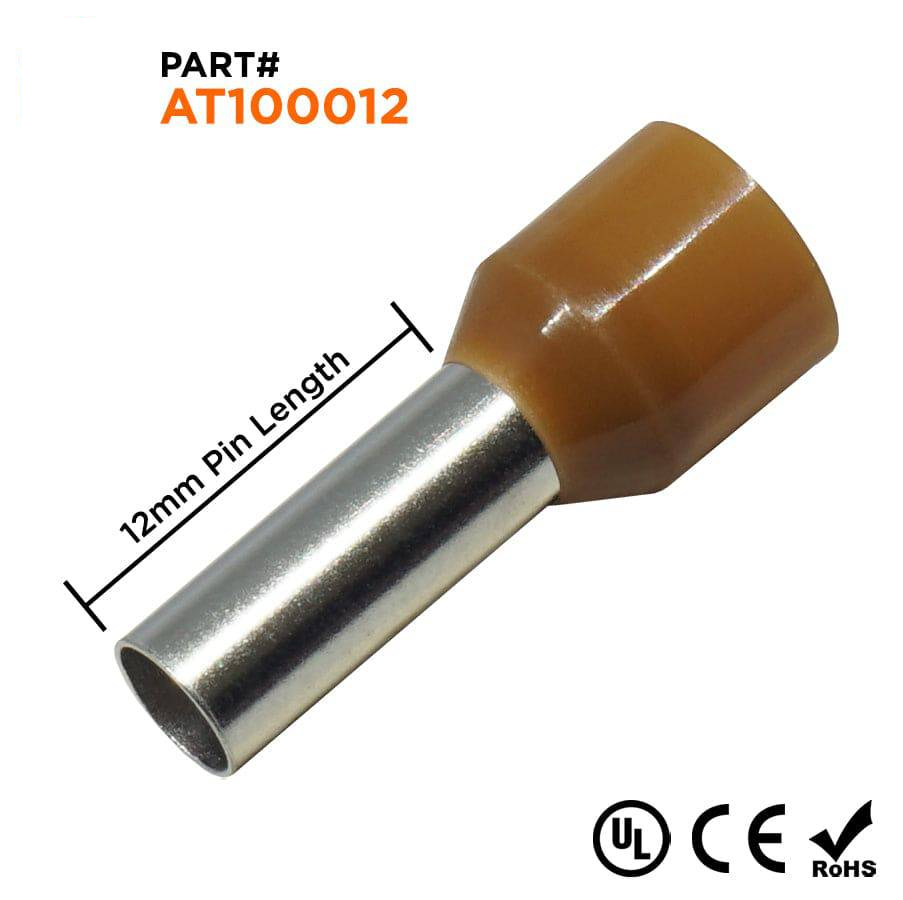 AT100012 - 8 AWG Insulated Punteras, 12mm Pin, Marrón, UL Recognized, 100 piezas