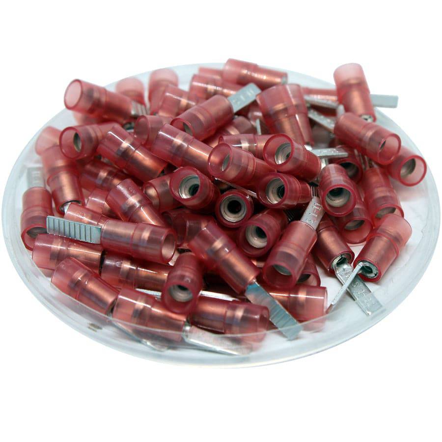 DBNYD1-11 - 22 to 16 AWG Nylon Flat Blade Terminals, Double Crimp, Red, 11mm Pin, 100 Pieces