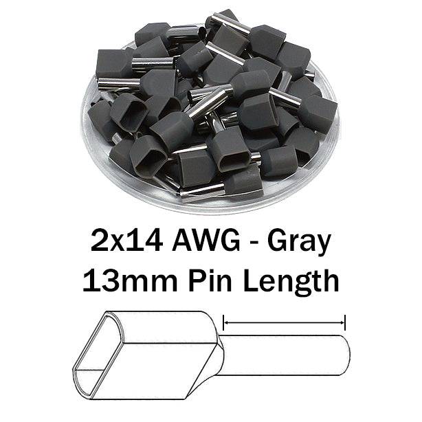 TT25013 - 14 AWG Twin Wire Ferrules, 13mm Pin, Gray, 500 Pieces