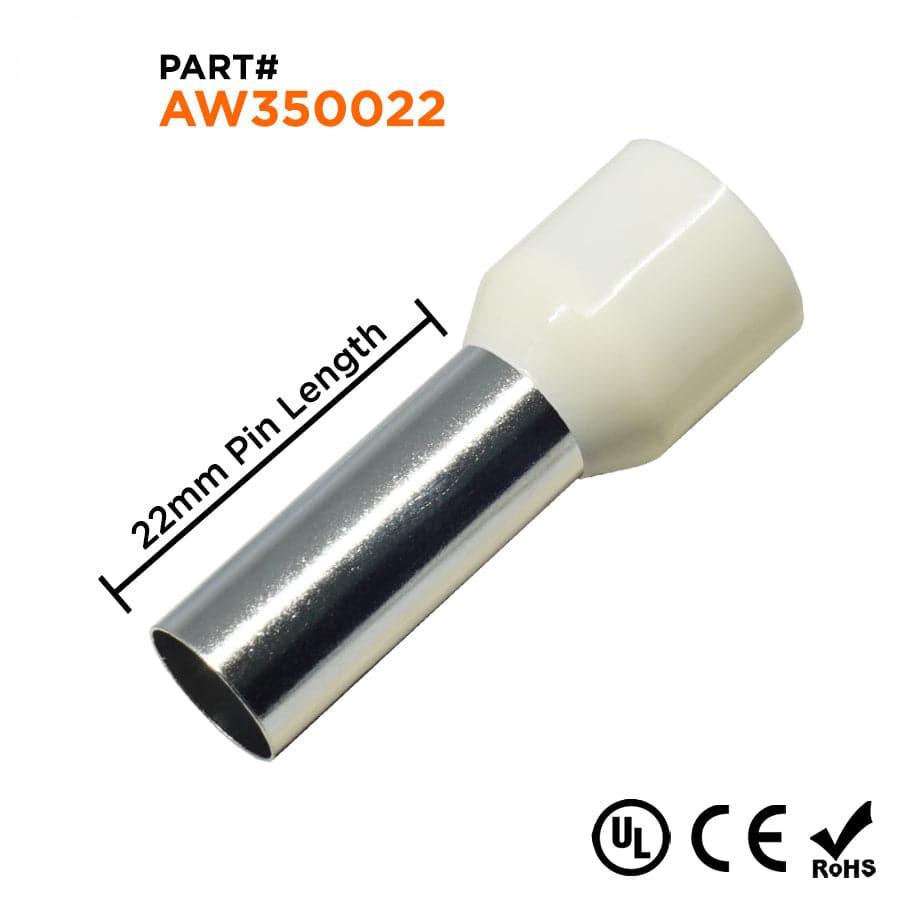 AW350022 - 2 AWG Single Insulated Wire Ferrules, 22mm Pin, Beige, UL Recognized, 100 Pieces
