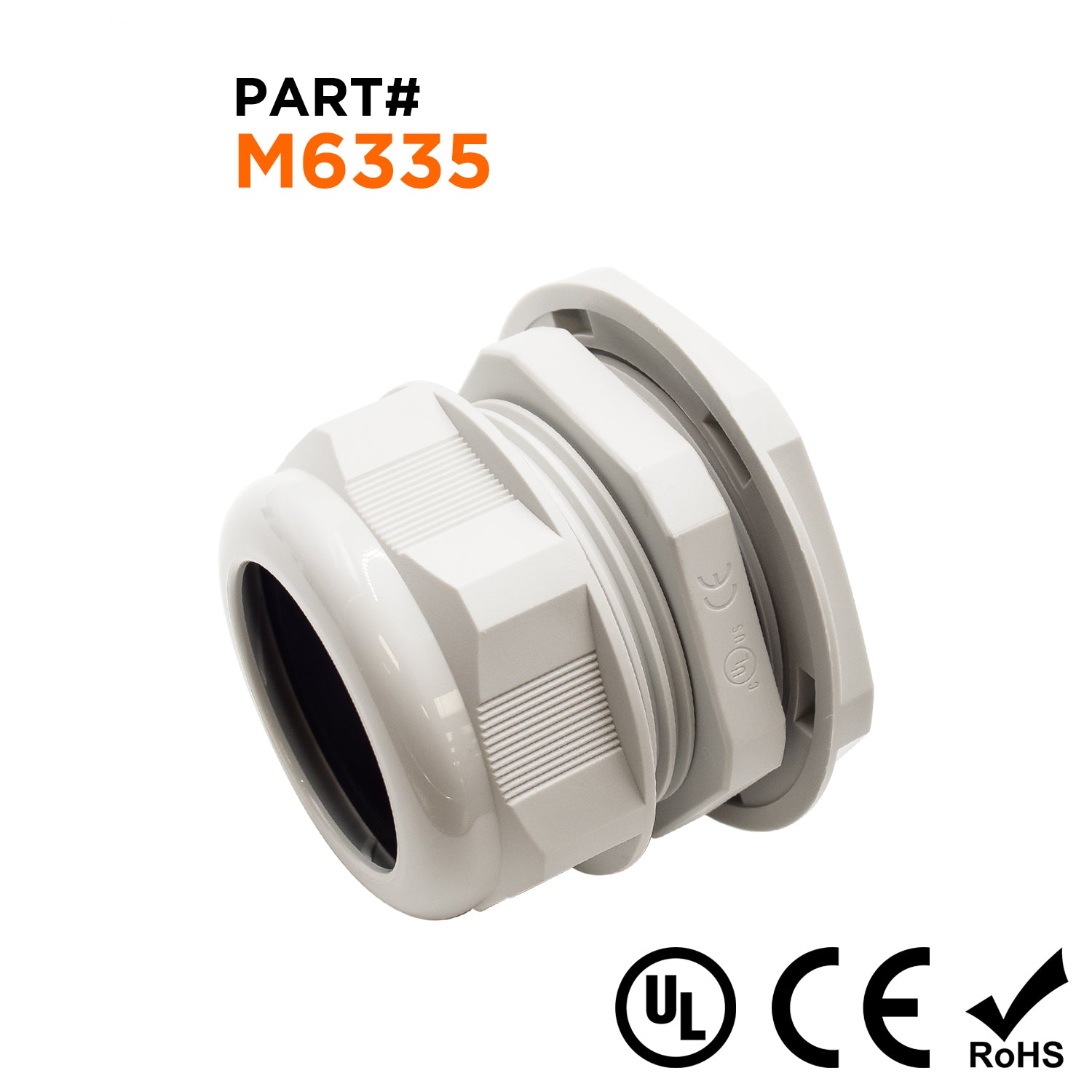 M6335GY - M63 x 1.5mm Metric Thread Nylon Cable Gland, Gray, Range: 1-1/8" to 1-3/8", UL Recognized, IP68