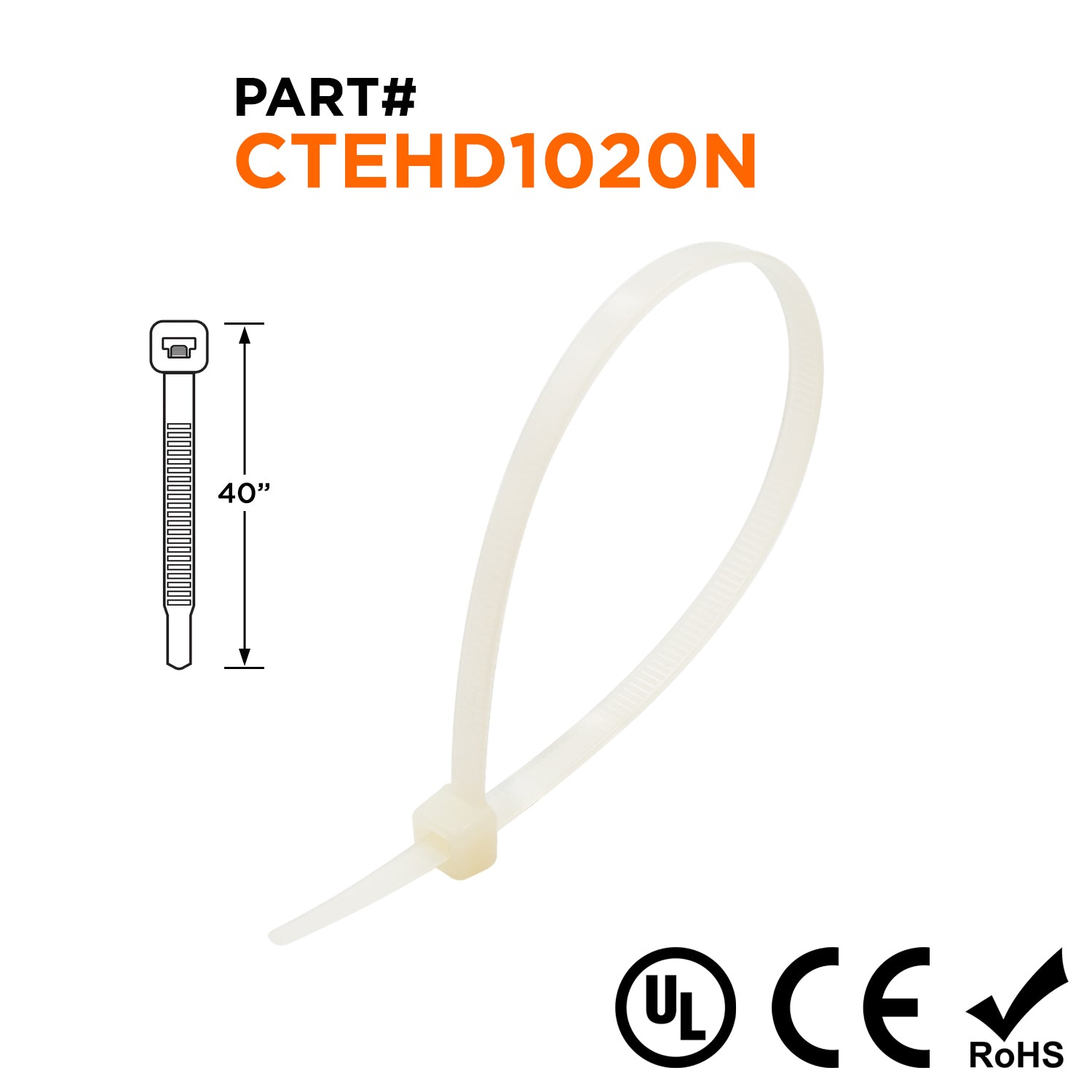 CTEHD1020N - 40" Extra Heavy Duty Cable Ties, 175-lb Tensile Strength, Natural, 100-Pack