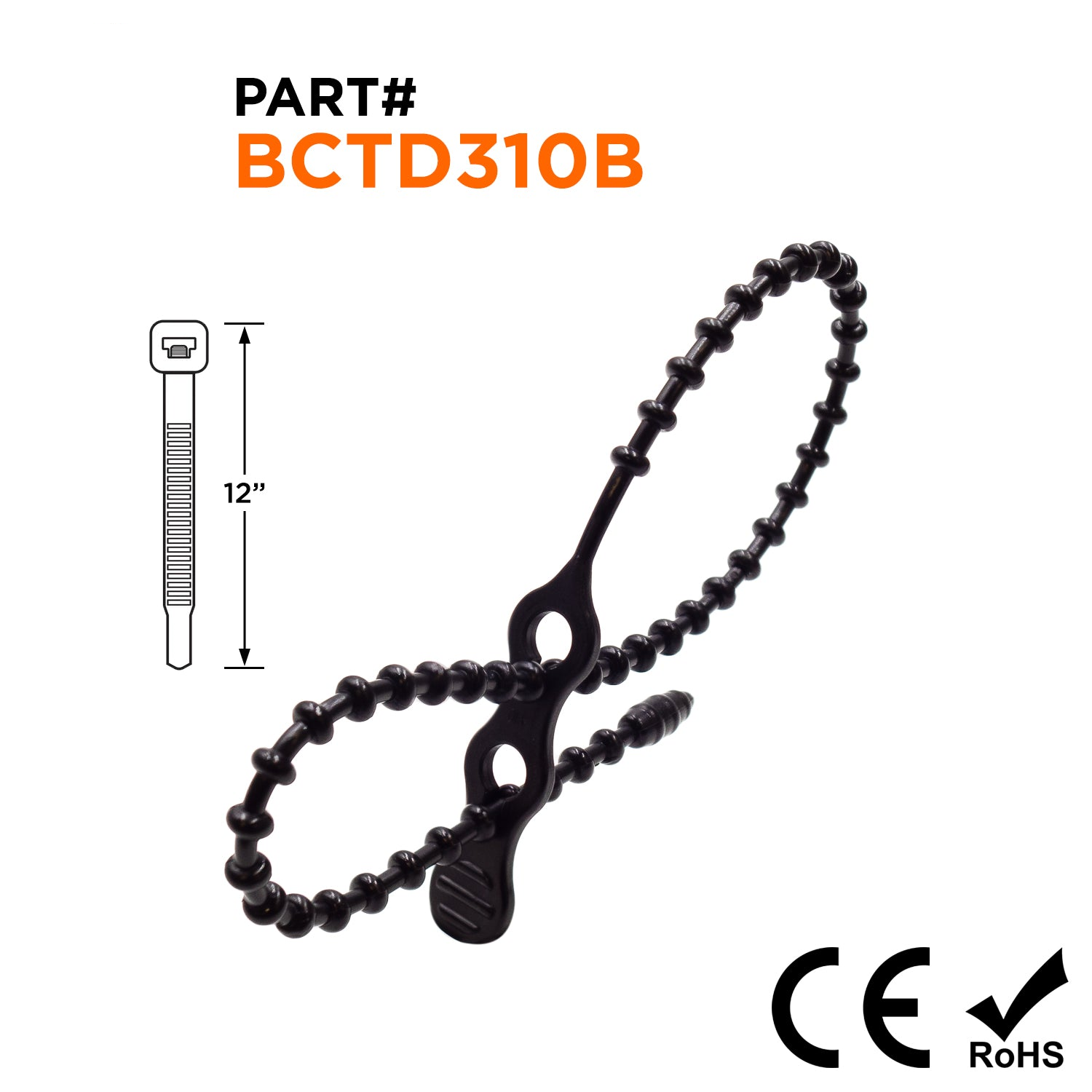 BCTD310B - 12" Estándar Double Loop Beaded De nailon Reusable Bridas, 50-lb Tensile Strength, Negro, UV Resistant, 100-Pack