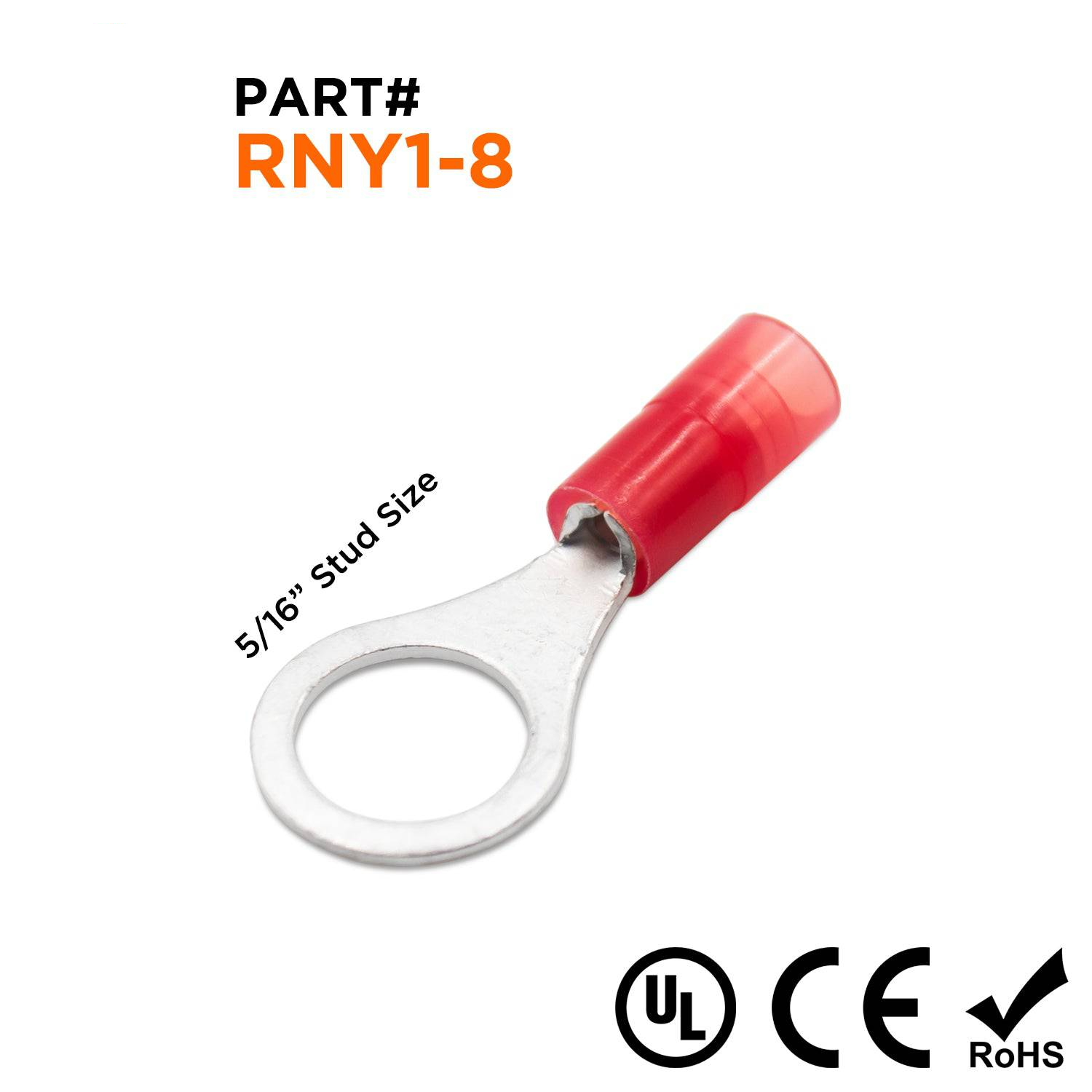 RNY1-8 - 22 a 16 AWG Con aislamiento de nailon Terminales de anillo, 5/16" Orificio, Butted Seam, 100 piezas