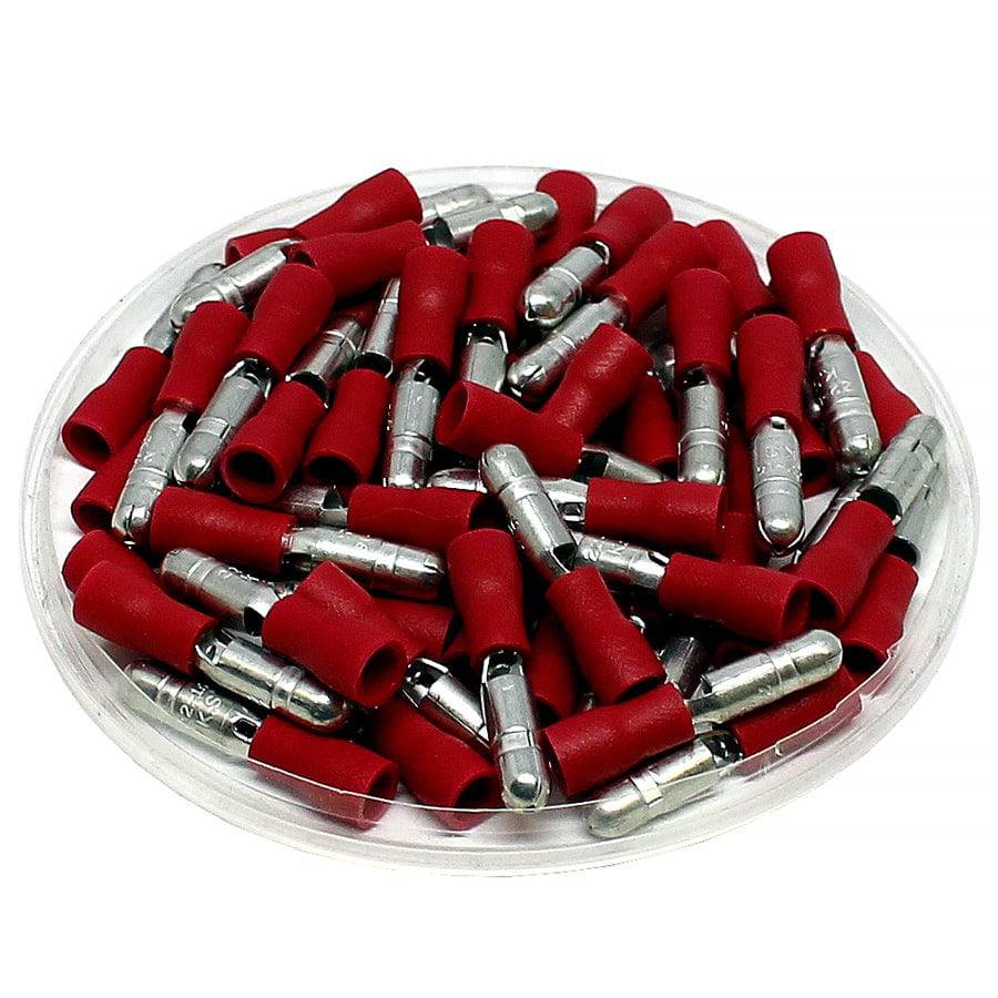MPD1-156 - 22 to 16 AWG Vinyl PVC Insulated Male Bullet Connectors, Double Crimp, Red, 100 Pieces