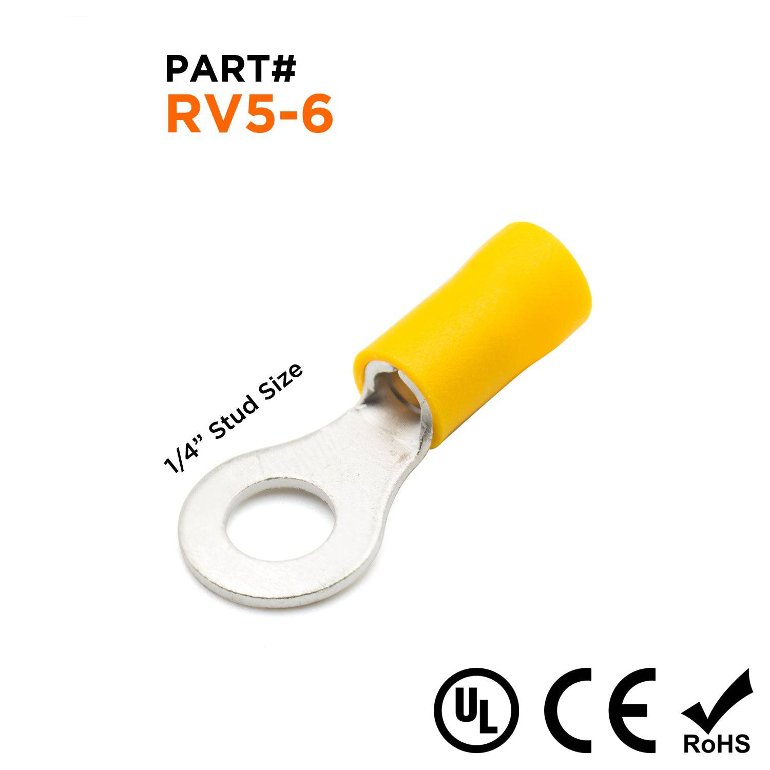 RV5-6 - 12 to 10 AWG PVC Vinyl Insulated Ring Terminals, 1/4" Stud, 50 Pieces