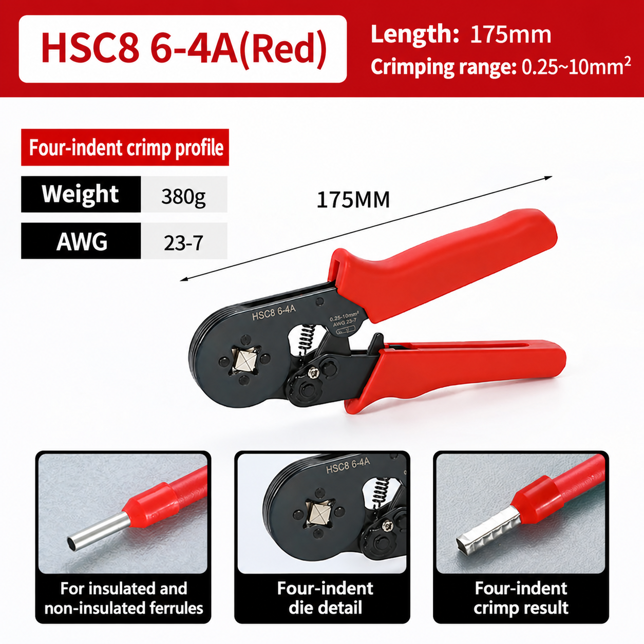 HSC8 6-4A, crimpadora de carraca para punteras, 0,25–10 mm²