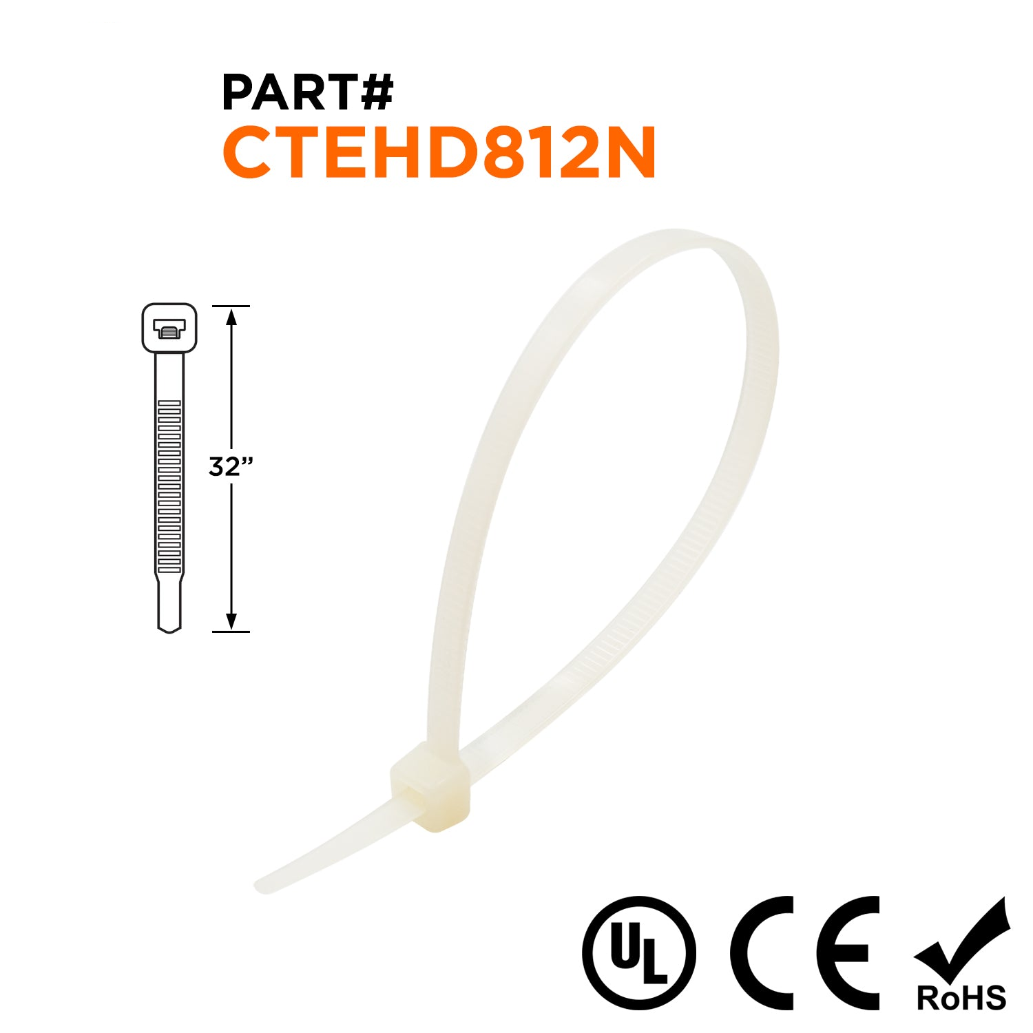 CTEHD812N - 32" Extra Heavy Duty Cable Ties, 175-lb Tensile Strength, Natural, 100-Pack