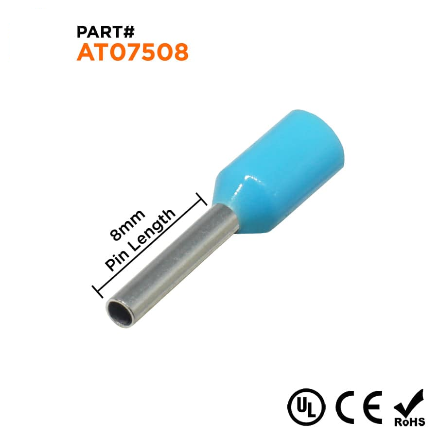 AT07508 - 20 & 18 AWG Single Insulated Wire Ferrules, 8mm Pin, Light Blue, UL Recognized, 500 Pieces