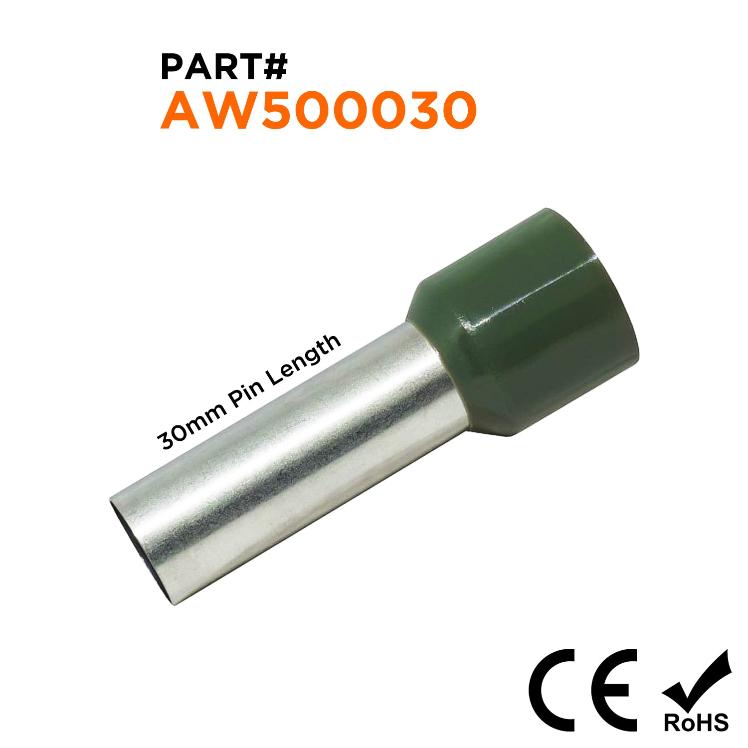 AW500030 - 1 AWG Single Insulated Wire Ferrules, 30mm Pin, Olive Green, 50 Pieces