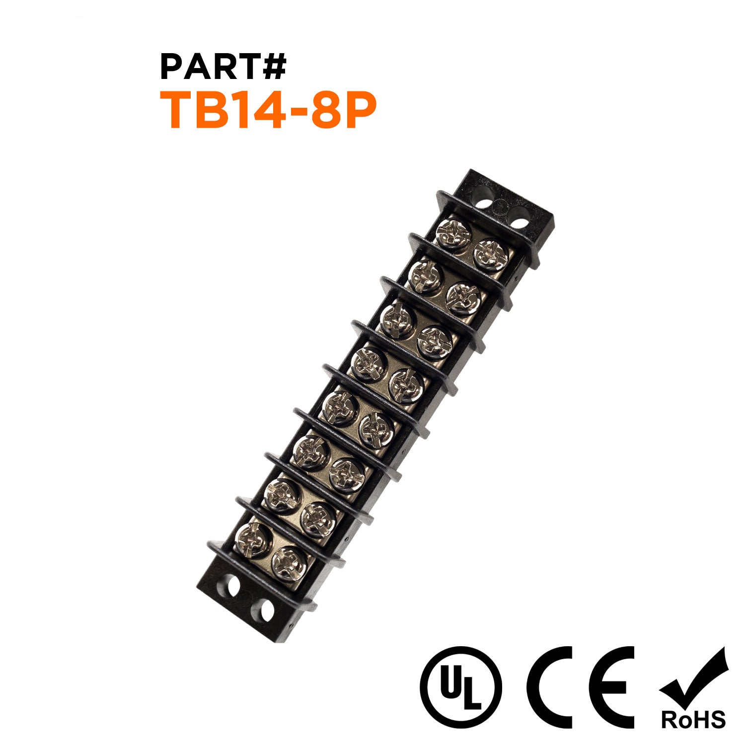 TB14-8P - Barrier Strip Terminal Block, Terminal Strip, 8 Pole, Double Row, 15A, 300V, UL Approved, 1 pieza