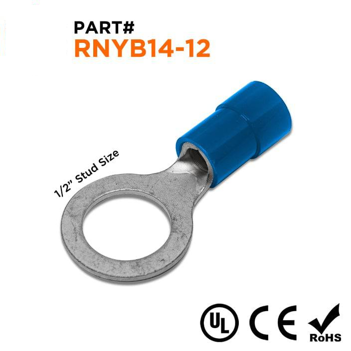 RNYB14-12 - 6 AWG Nylon Insulated Ring Terminals, 1/2" Stud, 10 Pieces