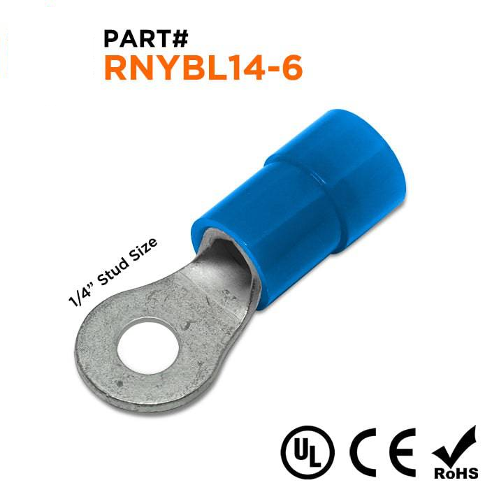 RNYBL14-6 - 6 AWG Nylon Insulated Ring Terminals, 1/4" Stud, 10 Pieces