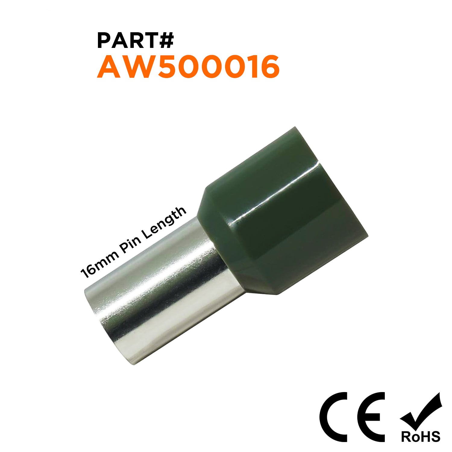 AW500016 - 1 AWG Single Insulated Punteras, 16mm Pin, Olive Verde, 50 piezas
